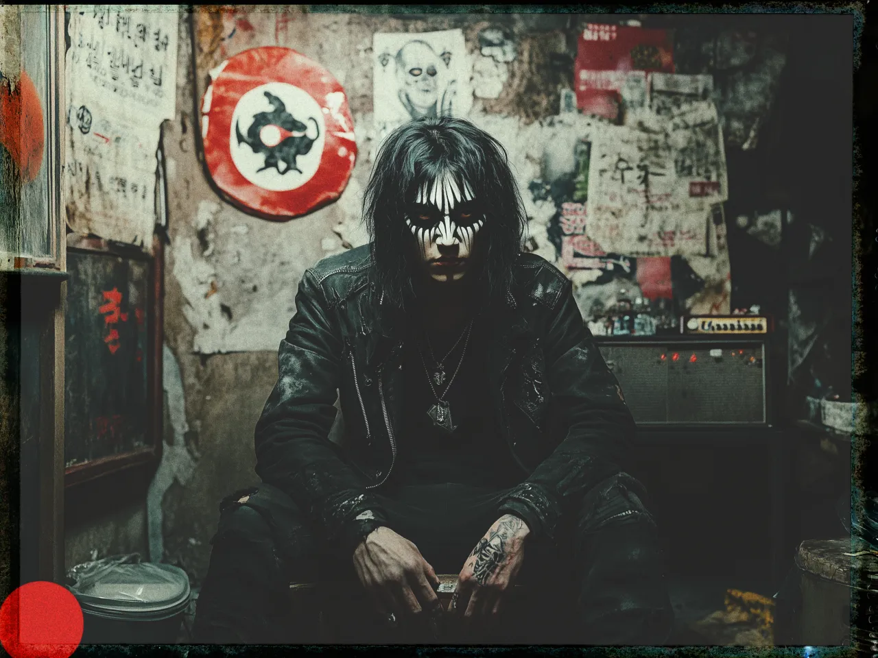 A person with long, dark hair sits in a dimly lit room, wearing black and white face paint with sharp, contrasting patterns resembling a mask. They are dressed in a black leather jacket and dark clothing, with visible tattoos on their hands. The setting appears grungy and cluttered, with a variety of posters and graffiti covering the worn-out walls. A speaker amplifier is seen to the right. The ambiance is edgy and counter-culture, with red and white elements adding to the visual intensity.