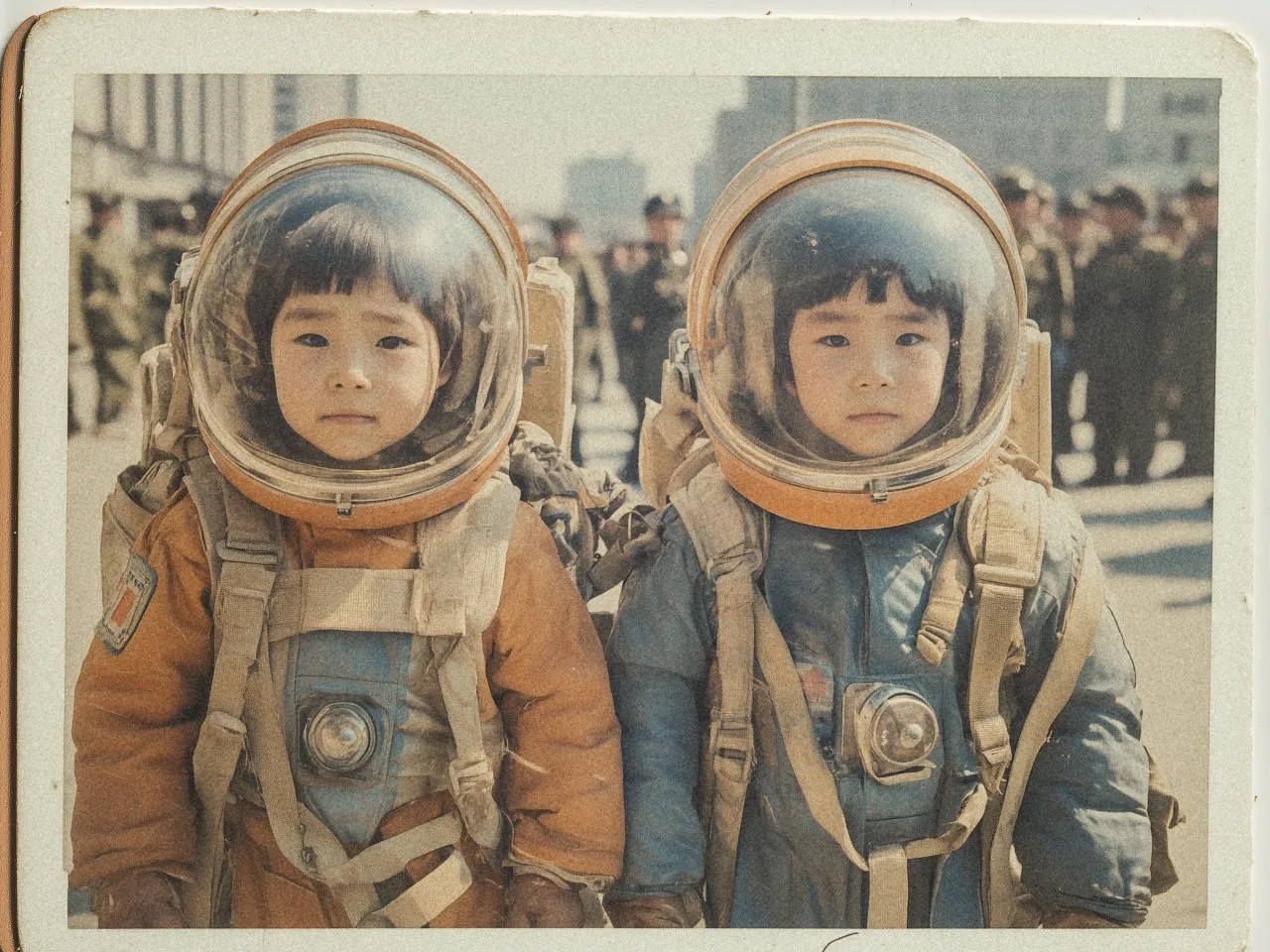 A vintage-style photograph features two young children standing side by side, wearing large, bulky space suits with helmets. The child on the left is in an orange suit, while the child on the right is in a blue suit. Their helmets are clear, showing their faces, and both have a serious expression. The suits are detailed with various straps and patches. In the blurred background, a group of people, possibly military personnel, can be seen, suggesting a formal or significant event. The photo has a grainy texture, adding to its nostalgic feel.