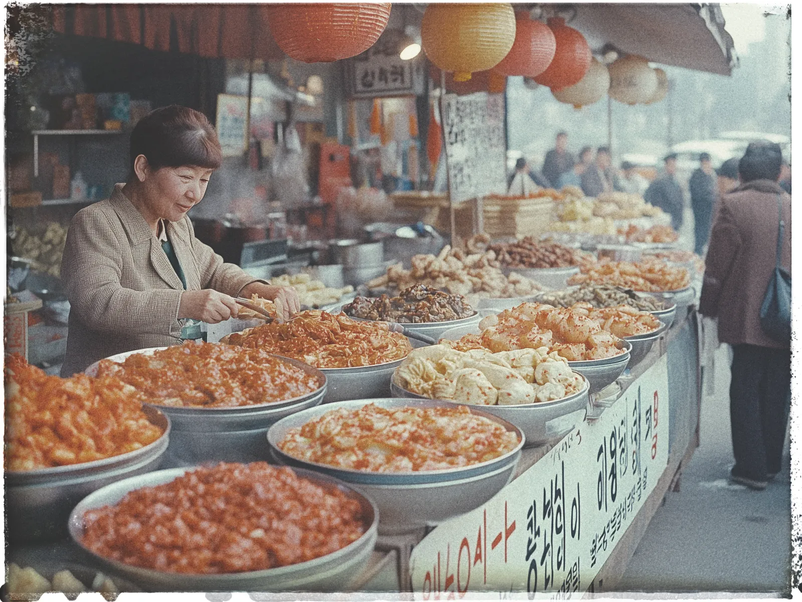 A bustling outdoor market scene features a variety of Korean street food displayed in large metal bowls. At the forefront, a vendor in a beige jacket is serving food with tongs, surrounded by an array of colorful dishes, including kimchi and other spicy, red-hued items, as well as lighter-colored dumplings. The stall's table is adorned with Korean signage. Above, lanterns in red and yellow hang, adding warmth to the scene. In the background, a hazy ambiance reveals more people and market activity, suggesting a lively marketplace atmosphere.