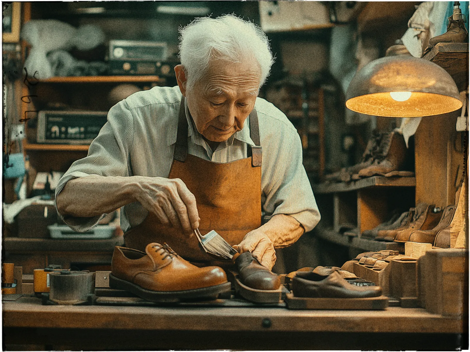 An elderly man with white hair is wearing an apron in a traditional workshop, focused on polishing a brown leather shoe. The workspace is cluttered with various tools and materials. A warm, glowing table lamp illuminates the area, highlighting the intricate details of the wooden shelves filled with shoes and supplies. The atmosphere is vintage and artisanal, suggesting a deep dedication to craftsmanship.