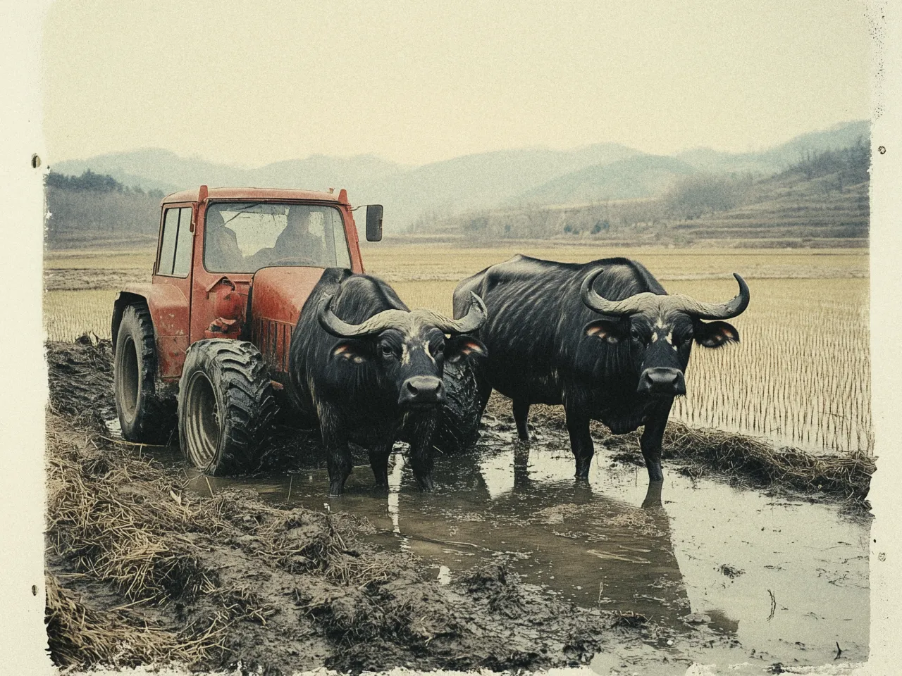 A tractor and two water buffaloes are standing in a muddy rice field. The tractor is red and slightly weathered, with large tires and a visible driver's cab. The water buffaloes are dark, with prominent curved horns and are partially submerged in muddy water. The background consists of rice paddies and distant, misty hills, creating a rural and tranquil atmosphere. The image has a muted, vintage tone.