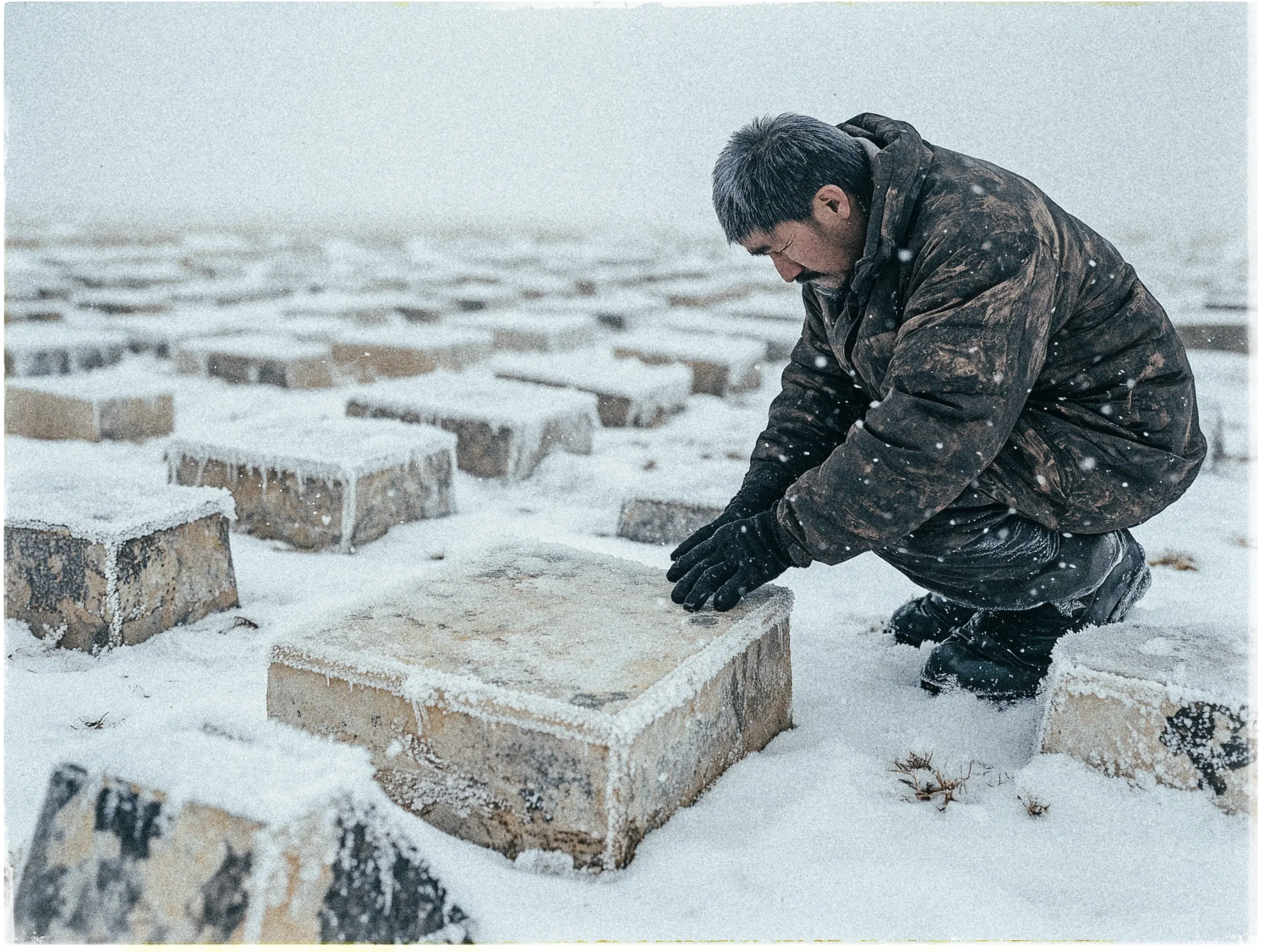 A person dressed in a heavy, brown, weathered coat and black gloves is kneeling in a snow-covered area, inspecting an icy stone block. The ground is blanketed in snow, and multiple similar stone blocks are scattered across the landscape, creating a grid-like pattern. The sky is overcast, giving the scene a cold, desolate feel, with light snowflakes visible in the air. The person appears to be concentrating, possibly engaged in some form of examination or reflection.