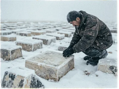 A person dressed in a heavy, brown, weathered coat and black gloves is kneeling in a snow-covered area, inspecting an icy stone block. The ground is blanketed in snow, and multiple similar stone blocks are scattered across the landscape, creating a grid-like pattern. The sky is overcast, giving the scene a cold, desolate feel, with light snowflakes visible in the air. The person appears to be concentrating, possibly engaged in some form of examination or reflection.