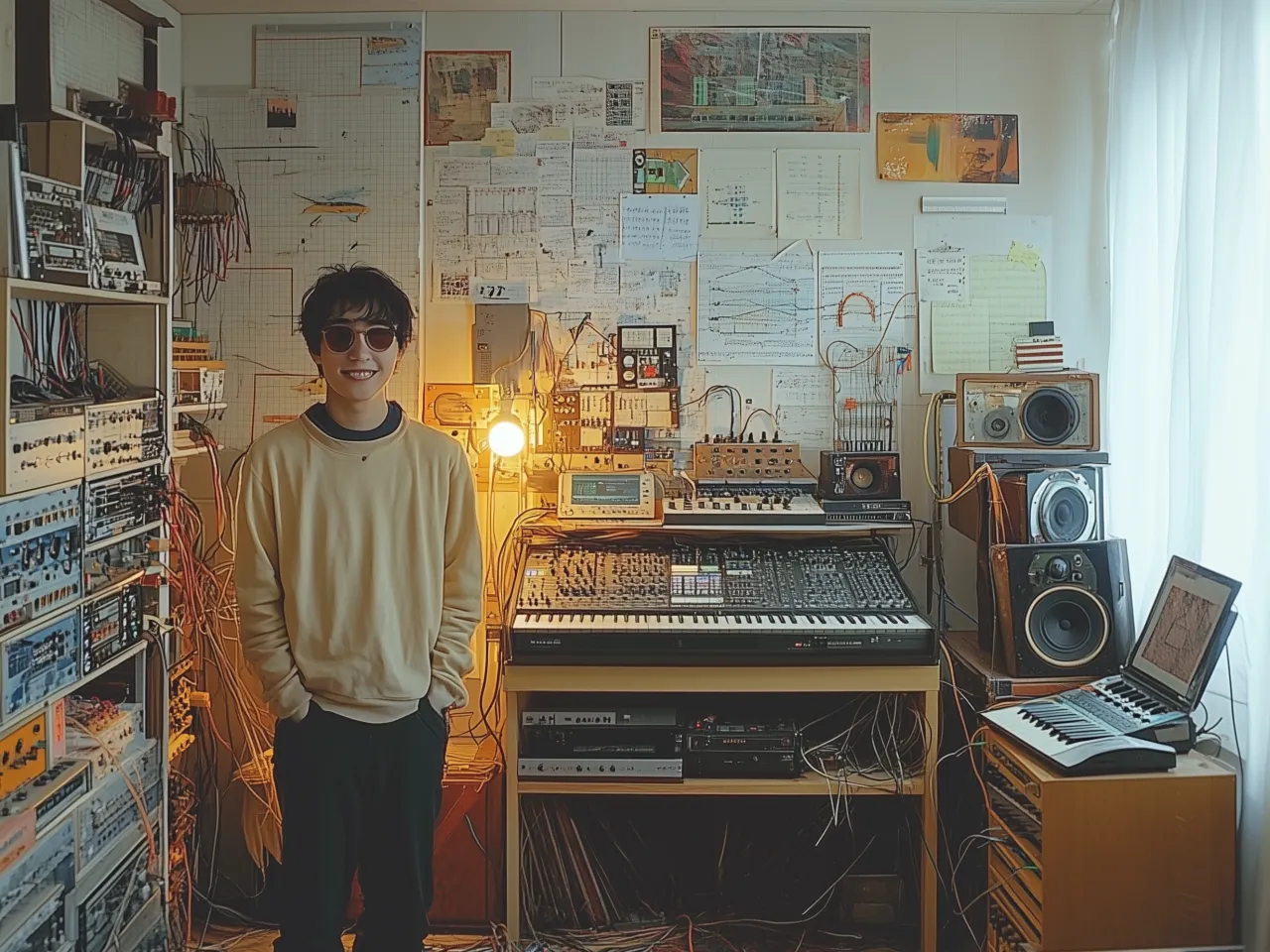 A person stands in a compact home studio, smiling while wearing sunglasses and a light-colored sweatshirt. The room is filled with an array of electronic equipment, including synthesizers, mixers, and various audio interfaces. Numerous cables are connected throughout the setup, adding to the cluttered, creative atmosphere. The walls are adorned with a collage of papers, charts, and artwork, showcasing a personal touch. A warm lamp glows in the middle, casting a cozy ambiance. Speaker systems and a small keyboard are visible on the right, contributing to the technical environment.