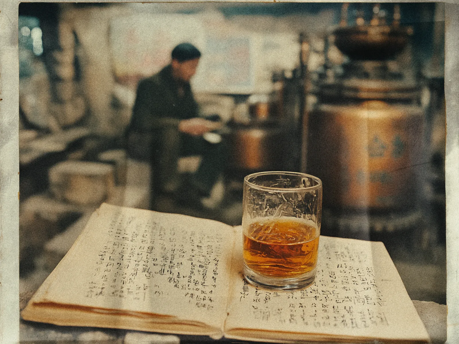 A vintage-styled photograph shows a glass of amber liquid, likely whiskey, placed on an open book filled with handwritten Asian characters. The focus is on the glass and the book, with the background slightly blurred. The setting appears to be an old, rustic room with a man sitting in the background, engaged in reading. To his side is an antique distillery apparatus, suggesting a setting related to distillation or traditional brewing. The image has a warm, nostalgic tone, evoking a sense of history and cultural depth.