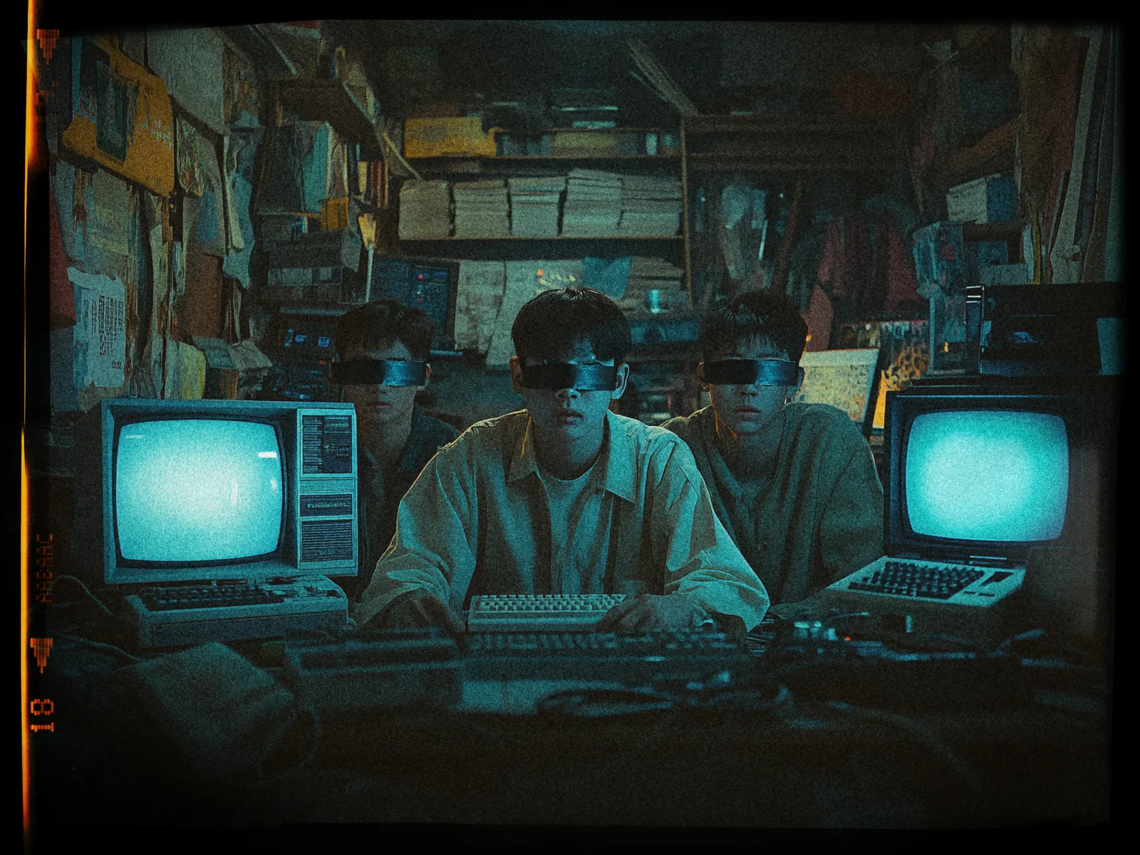 A dimly lit room features three people sitting closely together, wearing dark sunglasses. They are in front of vintage computer monitors emitting a blue glow. The room is cluttered with books and papers lining the shelves and walls, creating a retro, almost dystopian atmosphere. The individuals, centered in the image, appear focused and are facing the monitors. The scene is bathed in a dark, moody ambiance with a slight grainy effect, reminiscent of 1980s or 1990s aesthetics.