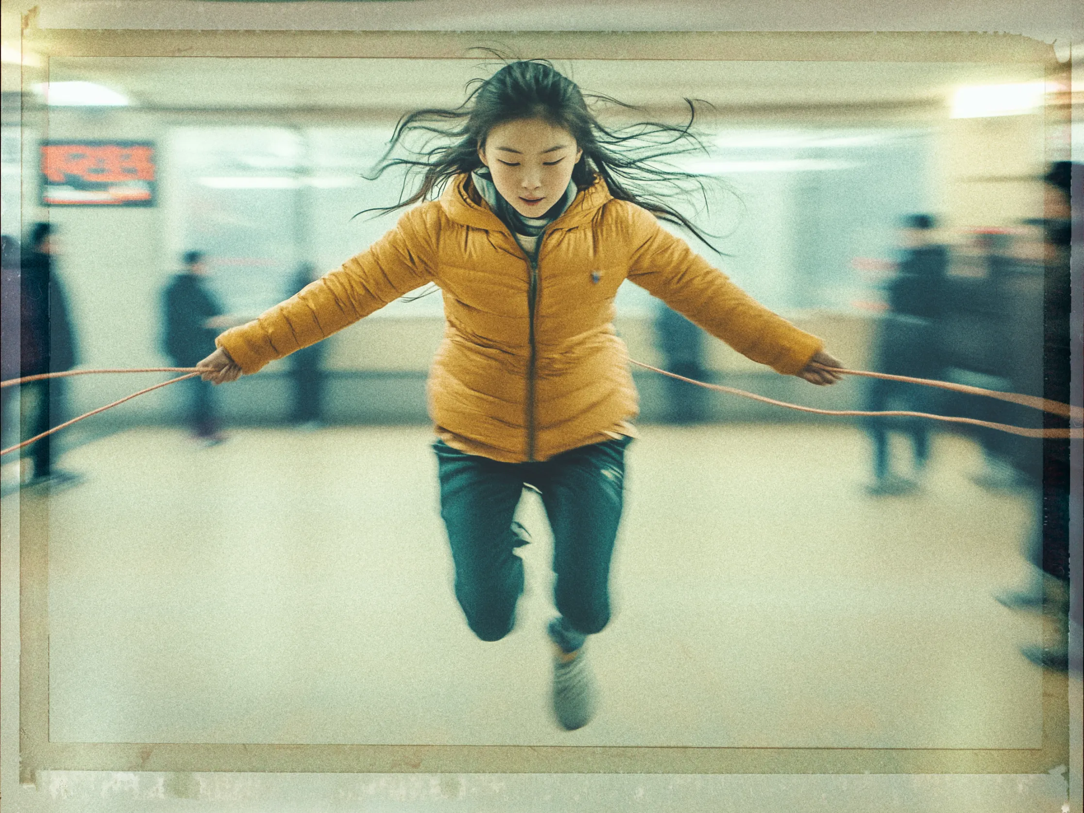 A young girl is captured mid-jump as she plays with an orange jump rope in a blurred indoor setting. She wears a bright yellow puffer jacket and dark pants. Her hair flows freely around her head, and her face shows focus and joy. The background is softly blurred, with indistinct silhouettes of people and a sign, suggesting a bustling environment. The image has a slightly vintage, faded border effect.