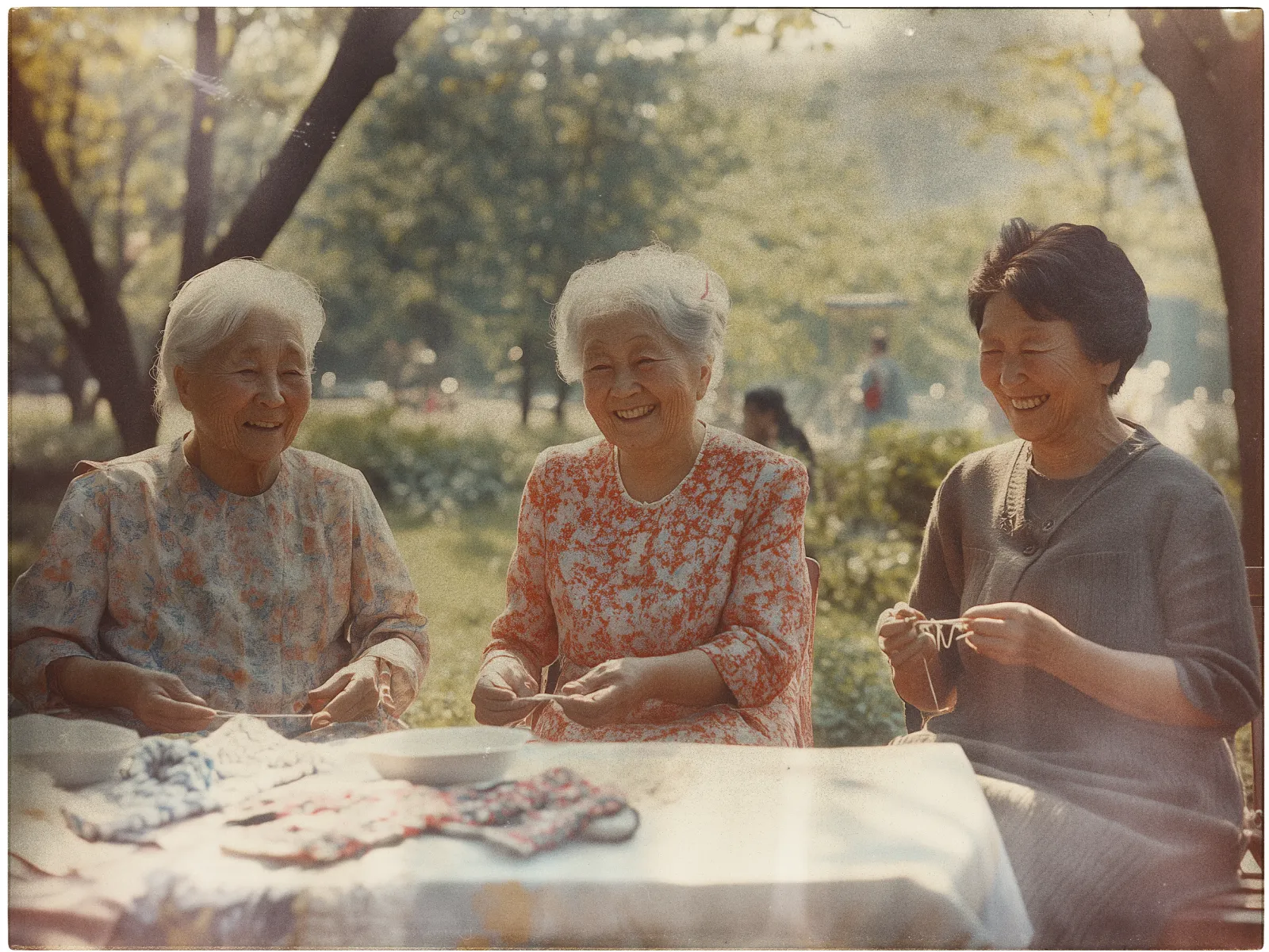 Three elderly women are sitting at a table outdoors on a sunny day, surrounded by lush greenery. They are smiling and engaged in knitting or crochet. Each woman is wearing a floral patterned dress, and their silver hair contrasts with the soft-focus, sun-dappled background. The table in front of them has several pieces of colorful fabric or knitting projects laid out. The warm sunlight creates a nostalgic, serene atmosphere in the scene.