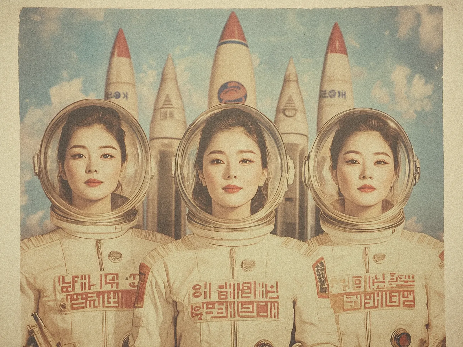 The image features three women in vintage-style astronaut suits, standing side by side. Each woman has her hair neatly styled and is looking directly at the camera, wearing helmets with transparent visors. The suits display text in a language resembling Korean. In the background, there are several rockets with red-tipped noses and various markings, set against a clear blue sky with fluffy clouds. The overall color scheme has a sepia tone, giving the image a retro or nostalgic feel.