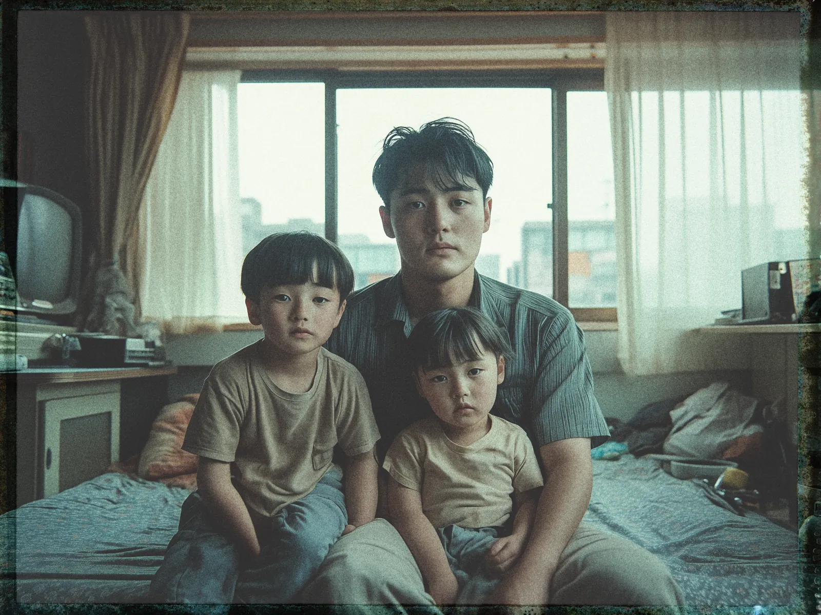 A man and two young children sit on a bed in a dimly lit room. The man, in the middle, has short dark hair and wears a striped shirt. The children, one on each side, have similar hairstyles with short bangs. They are wearing light brown T-shirts. Behind them is a large window with sheer curtains allowing muted daylight to filter in. The room has a retro aesthetic with a vintage television on a stand to the left and a cluttered surface in the background on the right. The overall tone of the image is nostalgic, with a grainy texture and subdued colors.