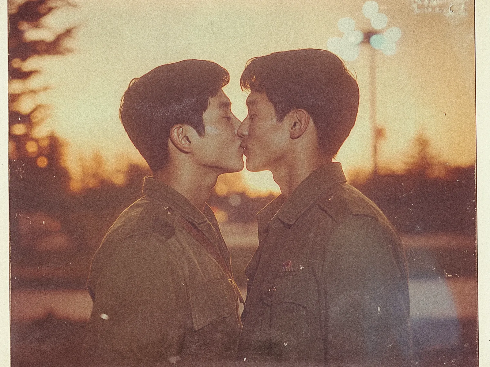 Two soldiers wearing military jackets are kissing in an outdoor setting during what appears to be sunset or sunrise. The warm, golden light silhouettes their faces, creating a serene and intimate atmosphere. The background shows a blurred view of trees and bright lights, enhancing the romantic and nostalgic mood of the image.