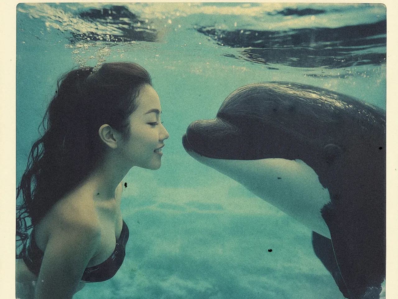 A woman is underwater, facing a dolphin. She has long, dark hair flowing freely, with her eyes closed and a gentle smile, appearing to be in a serene moment with the dolphin. The water around them is a clear turquoise, creating a dreamy, intimate atmosphere. The dolphin is positioned close to her, seemingly kissing her on the nose. The lighting is soft, filtering through the water, enhancing the tranquil and magical interaction between the two.