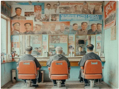 The image depicts the interior of a vintage barbershop with three men sitting in red barber chairs, viewed from behind. They face a large mirror reflecting their upper bodies. The walls are adorned with numerous portraits and posters, primarily featuring older men in formal attire, suggesting a historical or political theme. The room has a retro aesthetic with light blue walls and various hair products arranged on the counter. The overall atmosphere is nostalgic, evoking a sense of timelessness.