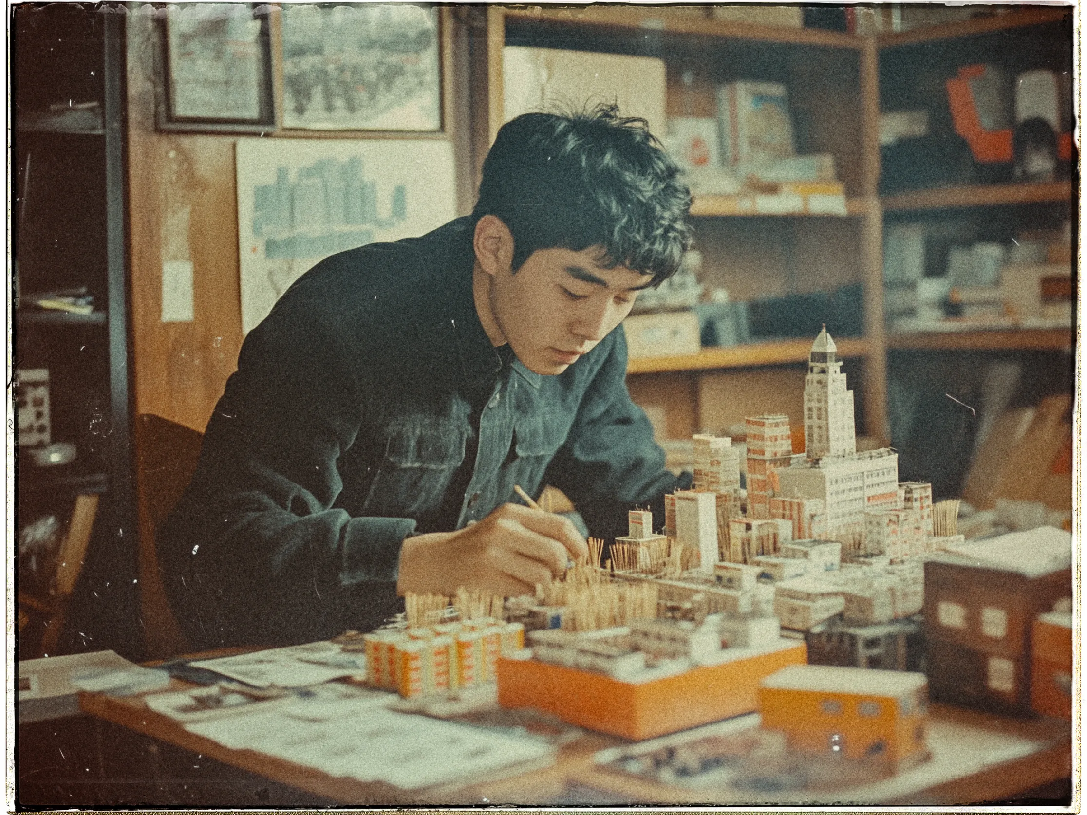 A young man is focused intently on constructing a detailed architectural model of a cityscape. He is seated at a wooden table cluttered with miniature buildings made from materials like cardboard and toothpicks. The model includes various structures, including a prominent tall building resembling a skyscraper. He wears a dark jacket, and his expression is one of concentration as he uses a tool to make fine adjustments. Behind him, there are shelves filled with books and more miniature model supplies, adding to the creative, workshop atmosphere. The image has a vintage, slightly faded quality, giving it a nostalgic feel.