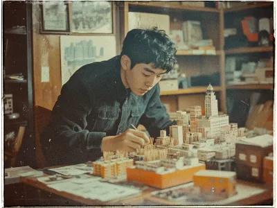 A young man is focused intently on constructing a detailed architectural model of a cityscape. He is seated at a wooden table cluttered with miniature buildings made from materials like cardboard and toothpicks. The model includes various structures, including a prominent tall building resembling a skyscraper. He wears a dark jacket, and his expression is one of concentration as he uses a tool to make fine adjustments. Behind him, there are shelves filled with books and more miniature model supplies, adding to the creative, workshop atmosphere. The image has a vintage, slightly faded quality, giving it a nostalgic feel.