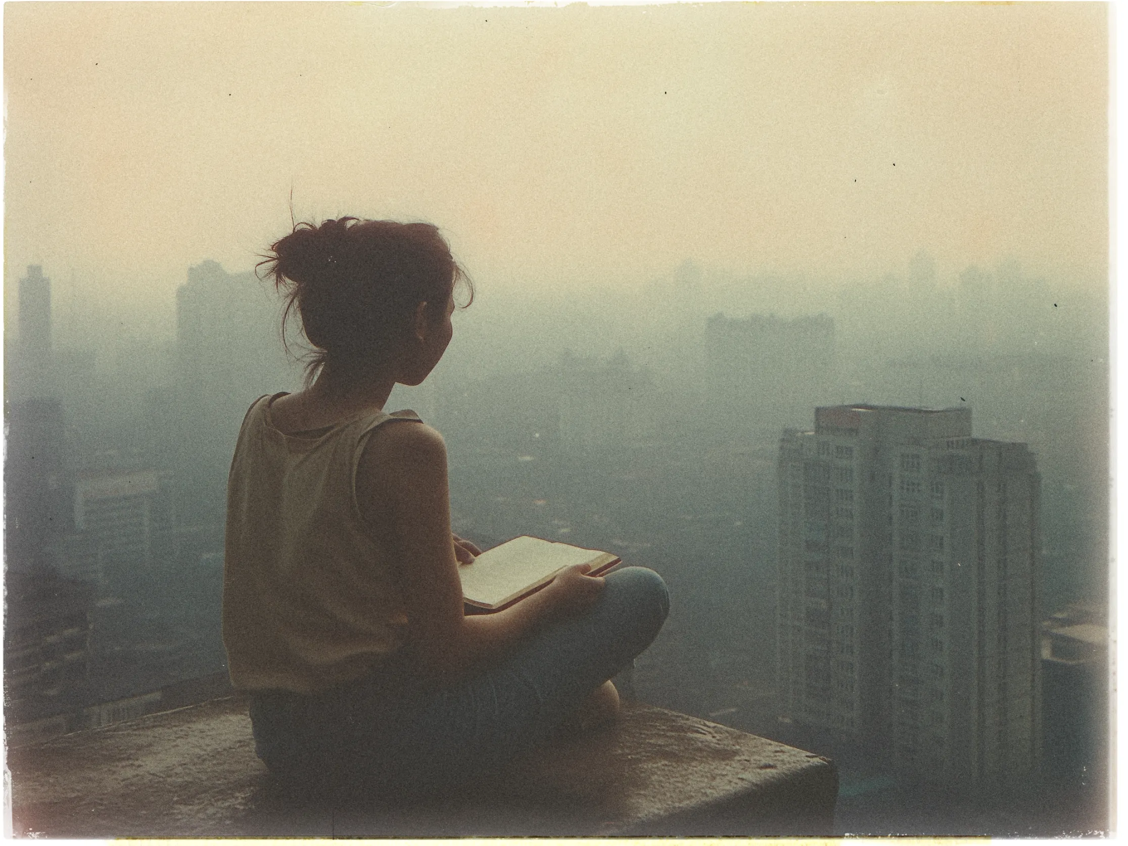 A person with dark hair tied up in a messy bun sits on the edge of a rooftop, overlooking a cityscape. They are wearing a sleeveless top and jeans, holding an open book on their lap. The atmosphere is hazy, with the background buildings partially obscured by fog or smog, creating a moody, vintage feel. The city stretches into the distance with a mix of modern high-rises visible. The overall tone is muted, with a warm, sepia-like color palette.