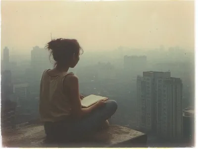 A person with dark hair tied up in a messy bun sits on the edge of a rooftop, overlooking a cityscape. They are wearing a sleeveless top and jeans, holding an open book on their lap. The atmosphere is hazy, with the background buildings partially obscured by fog or smog, creating a moody, vintage feel. The city stretches into the distance with a mix of modern high-rises visible. The overall tone is muted, with a warm, sepia-like color palette.