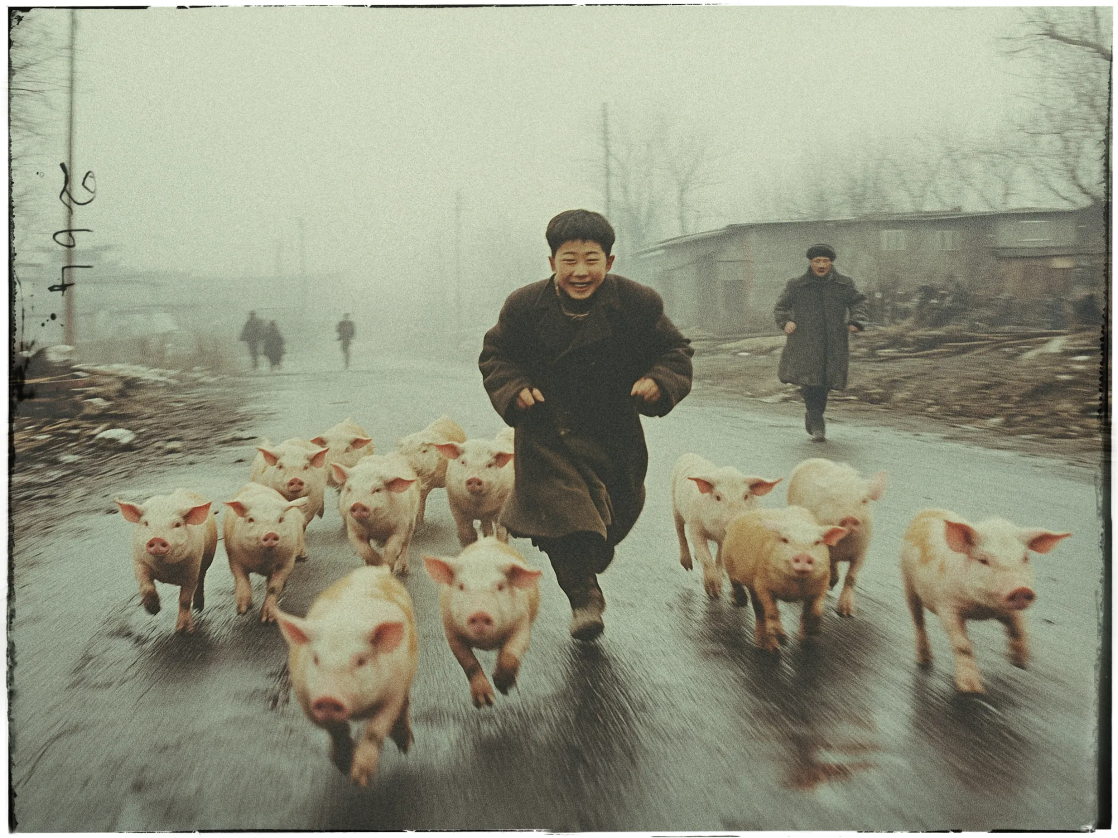 A young person with a delighted expression runs along a wet, foggy street, surrounded by a group of energetic piglets. The piglets, with pink ears and muddy patches on their white fur, scurry alongside, creating a lively atmosphere. In the background, another person walks in the same direction, wearing a coat. The setting is rural with bare trees and a few modest buildings visible through the mist, suggesting a cold, early morning. The overall tone is nostalgic with muted colors, emphasizing the vibrancy of the scene.