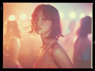 A young woman with short, wavy hair is looking towards the camera in a softly lit environment. The image has a warm, ethereal glow with a blend of pink, orange, and purple hues. She is wearing a sleeveless top or dress with thin straps. The background is softly blurred with circular lights, suggesting a lively, possibly social setting. Her expression is calm and slightly inquisitive. The overall composition has a nostalgic, dreamy quality.