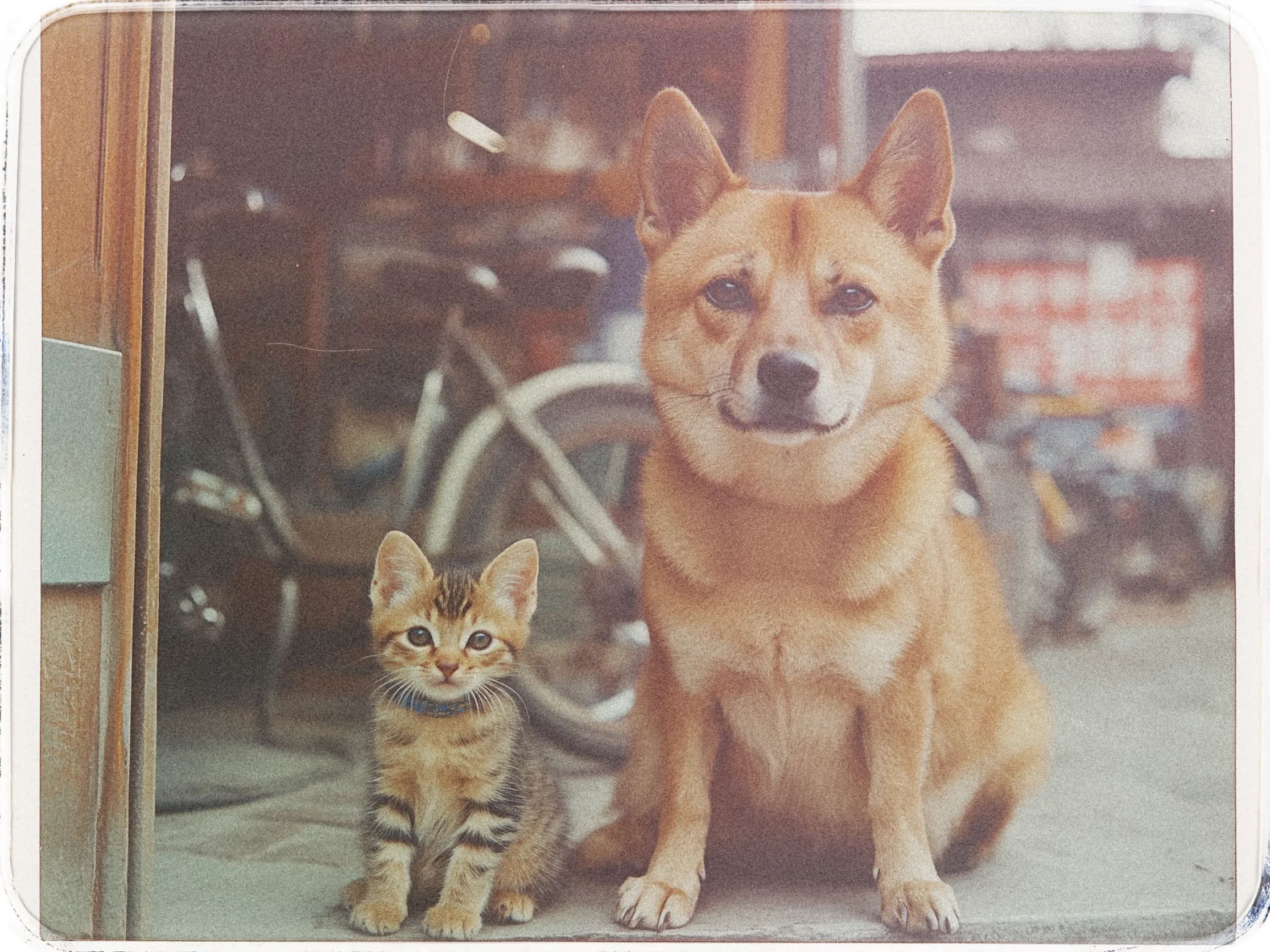 A vintage-style photograph featuring a small, tabby kitten sitting next to a medium-sized tan dog. Both animals are facing the camera with calm expressions. The kitten has distinctive dark stripes and is wearing a small collar. The dog has pointed ears and a light underbelly. In the background, there are blurred objects including bicycles and a rustic structure, adding to the nostalgic feel of the image. The edges of the photo are slightly faded, enhancing the retro aesthetic.