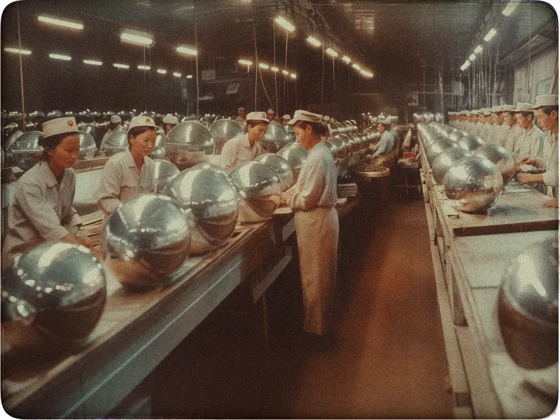 The image depicts a factory scene with a group of workers, mostly women, dressed in identical white uniforms and caps. They are standing around long tables, handling large, reflective metallic spheres. The factory setting has bright overhead lighting, casting reflections on the shiny surfaces of the spheres, which are arranged in neat rows. The atmosphere seems busy and structured, with equipment visible on the tables. The color palette feels vintage, with a warm, sepia-like tone, suggesting it may be from a past era.
