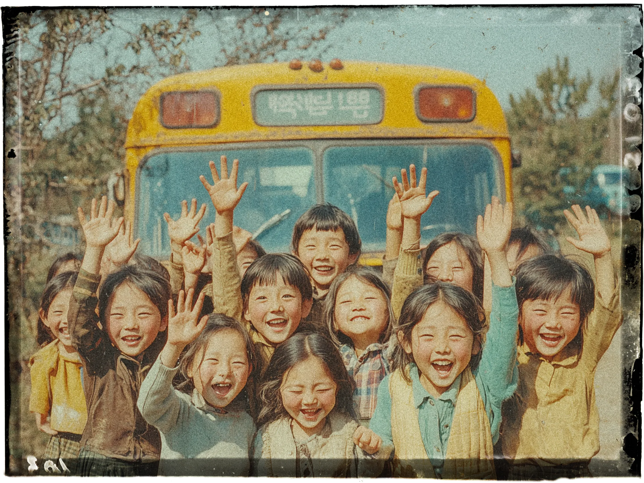 A group of smiling children stands in front of a yellow school bus. The children, numbering around ten, are joyfully waving their hands in the air. They are dressed in vintage-style clothing, which includes sweaters, plaid shirts, and jackets, suggesting a retro setting. The bus behind them has some text displayed on the front panel. The image has a nostalgic, faded quality, reminiscent of an old photograph. Trees and a clear sky are visible in the background.