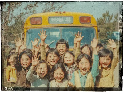 A group of smiling children stands in front of a yellow school bus. The children, numbering around ten, are joyfully waving their hands in the air. They are dressed in vintage-style clothing, which includes sweaters, plaid shirts, and jackets, suggesting a retro setting. The bus behind them has some text displayed on the front panel. The image has a nostalgic, faded quality, reminiscent of an old photograph. Trees and a clear sky are visible in the background.