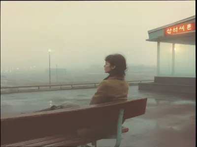 A person sits alone on a bench at a bus stop, gazing into the foggy distance. The scene has a muted, vintage tone, enhancing the sense of solitude and calm. The person is wearing a long coat, and their short hair is gently tousled by the breeze. The bus stop structure has a roof with an illuminated sign featuring Korean characters. Soft streetlights are visible through the mist, creating an atmospheric and introspective mood. The ground is wet, suggesting recent rain, and the overall ambiance is serene and contemplative.