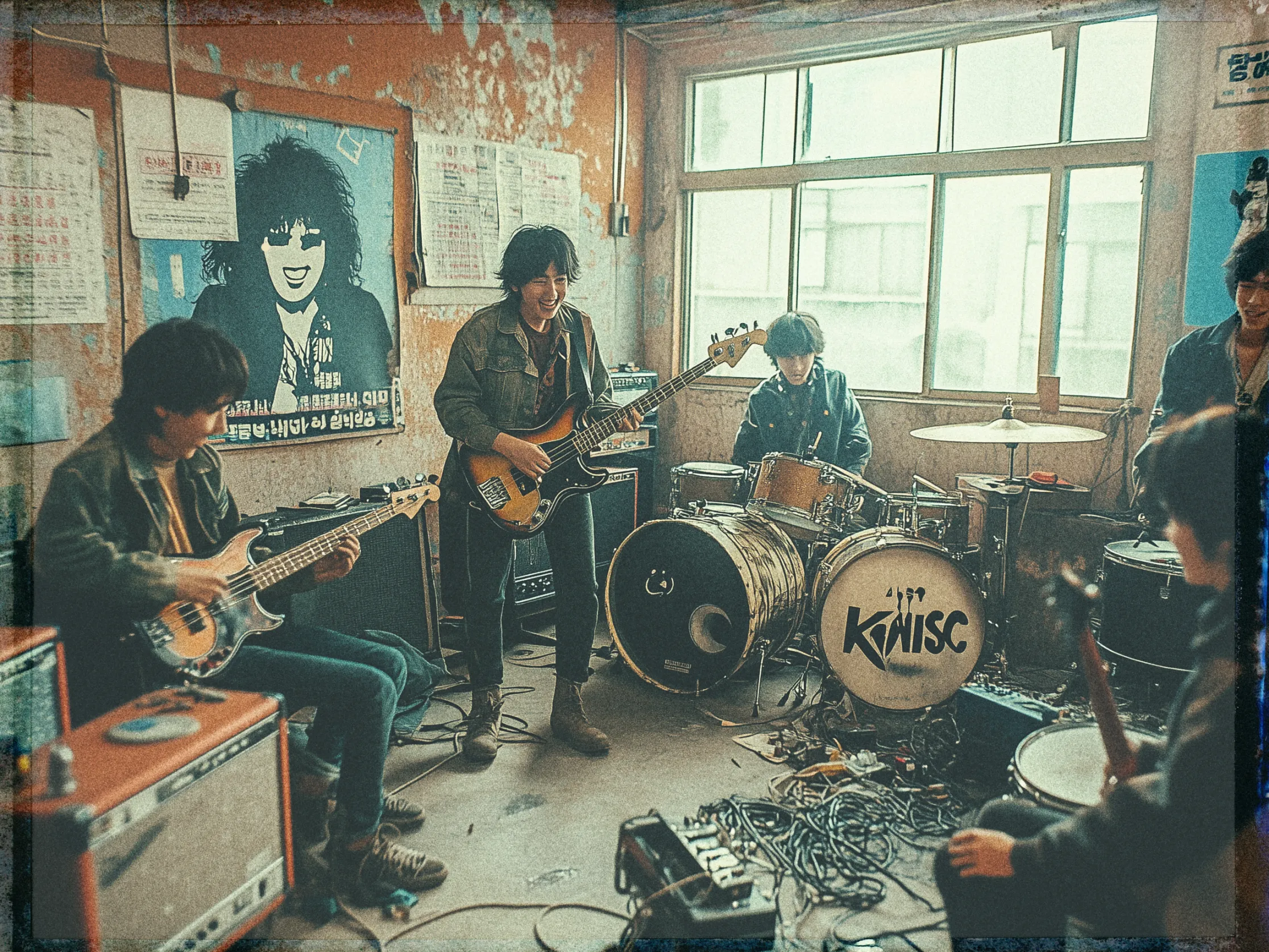 The image depicts a vintage band rehearsal scene in a worn-out room. Four musicians are present, each engaged in playing their instruments. Two guitarists are seated on the left and right sides, one playing a bass guitar. The drummer is in the center, surrounded by a drum kit with KIHISC painted on the bass drum. The fourth musician stands with a bass guitar, appearing animated and in mid-performance. The room has a grungy, weathered look, with faded posters and peeling paint on the walls. A large window on the right side allows light to filter in, illuminating the scene. An array of cables and equipment is scattered across the floor, contributing to the room's cluttered appearance.
