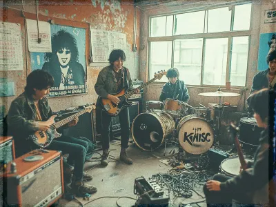 The image depicts a vintage band rehearsal scene in a worn-out room. Four musicians are present, each engaged in playing their instruments. Two guitarists are seated on the left and right sides, one playing a bass guitar. The drummer is in the center, surrounded by a drum kit with KIHISC painted on the bass drum. The fourth musician stands with a bass guitar, appearing animated and in mid-performance. The room has a grungy, weathered look, with faded posters and peeling paint on the walls. A large window on the right side allows light to filter in, illuminating the scene. An array of cables and equipment is scattered across the floor, contributing to the room's cluttered appearance.