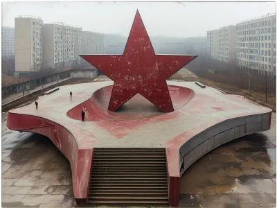 An architectural structure shaped like a large red star with a concrete skatepark styled platform surrounds it. Four people are standing on different sections of the structure, adding a sense of scale. The weather is overcast, creating a muted and foggy atmosphere. In the background, there are multiple rectangular apartment buildings with uniform windows, suggesting a Soviet architectural style. The ground appears wet, indicating recent rain, and the overall scene conveys an urban, slightly desolate environment.