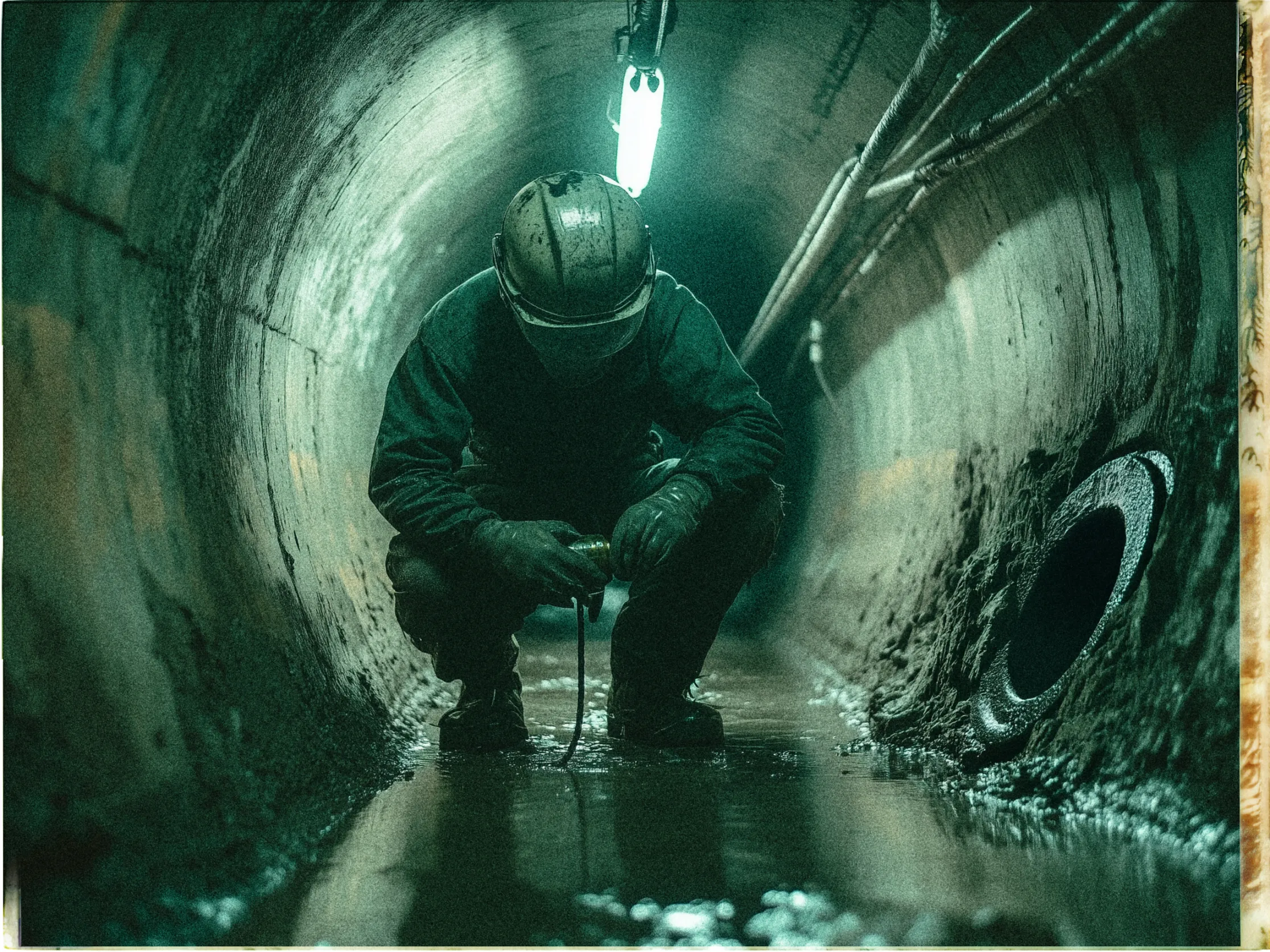 A person wearing a hard hat and protective gear is crouching inside a dimly lit tunnel, illuminated by a single overhead light. The tunnel is cylindrical with wet, muddy floors, suggesting a sewer or underground passage. The person appears to be inspecting or holding a bottle with a message attached to a rope. Pipes run along the right wall, and there is an open pipe or entrance on the right side, adding to the industrial, gritty atmosphere.