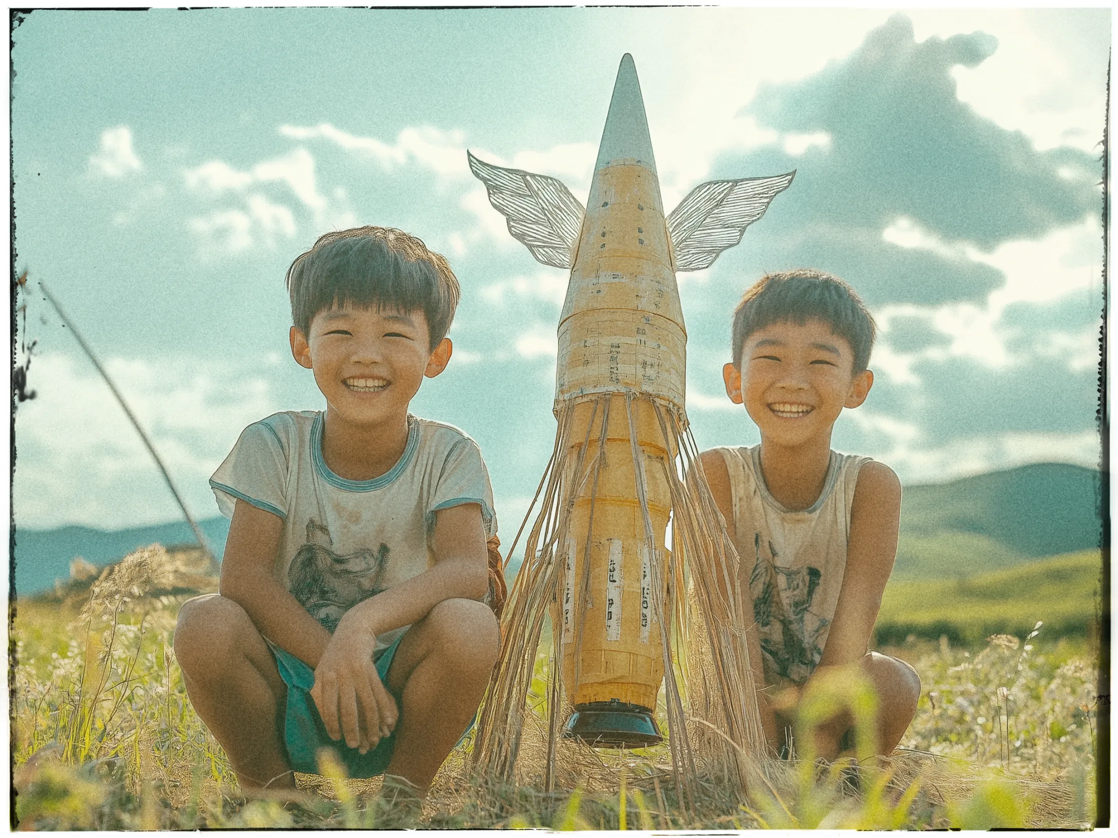 Two young children are sitting on a grassy field, smiling broadly at the camera. Between them is a large homemade rocket model made from cardboard and sticks, featuring paper wings. The children are wearing casual T-shirts, and the sun is shining brightly in the background, casting shadows on the ground. The sky is partly cloudy, creating a dreamy, nostalgic atmosphere. The image has a vintage, sepia-like tone, enhancing the playful and imaginative mood of the scene.
