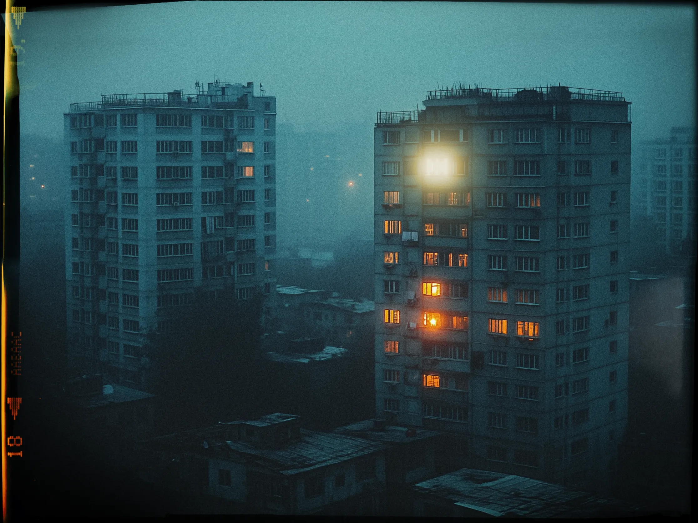 A nighttime urban scene shows two tall apartment buildings in a foggy atmosphere. The building on the right has several lit windows emitting a warm orange glow, contrasting with the cool blue tones of the foggy background. The building on the left is less illuminated, with only a few windows showing light. Surrounding the buildings are various smaller structures, barely visible through the mist. The image has a grainy texture and a retro appearance, with film edges visible on the left and bottom sides, adding a nostalgic feel.