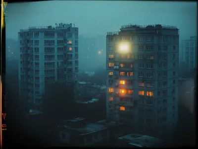 A nighttime urban scene shows two tall apartment buildings in a foggy atmosphere. The building on the right has several lit windows emitting a warm orange glow, contrasting with the cool blue tones of the foggy background. The building on the left is less illuminated, with only a few windows showing light. Surrounding the buildings are various smaller structures, barely visible through the mist. The image has a grainy texture and a retro appearance, with film edges visible on the left and bottom sides, adding a nostalgic feel.
