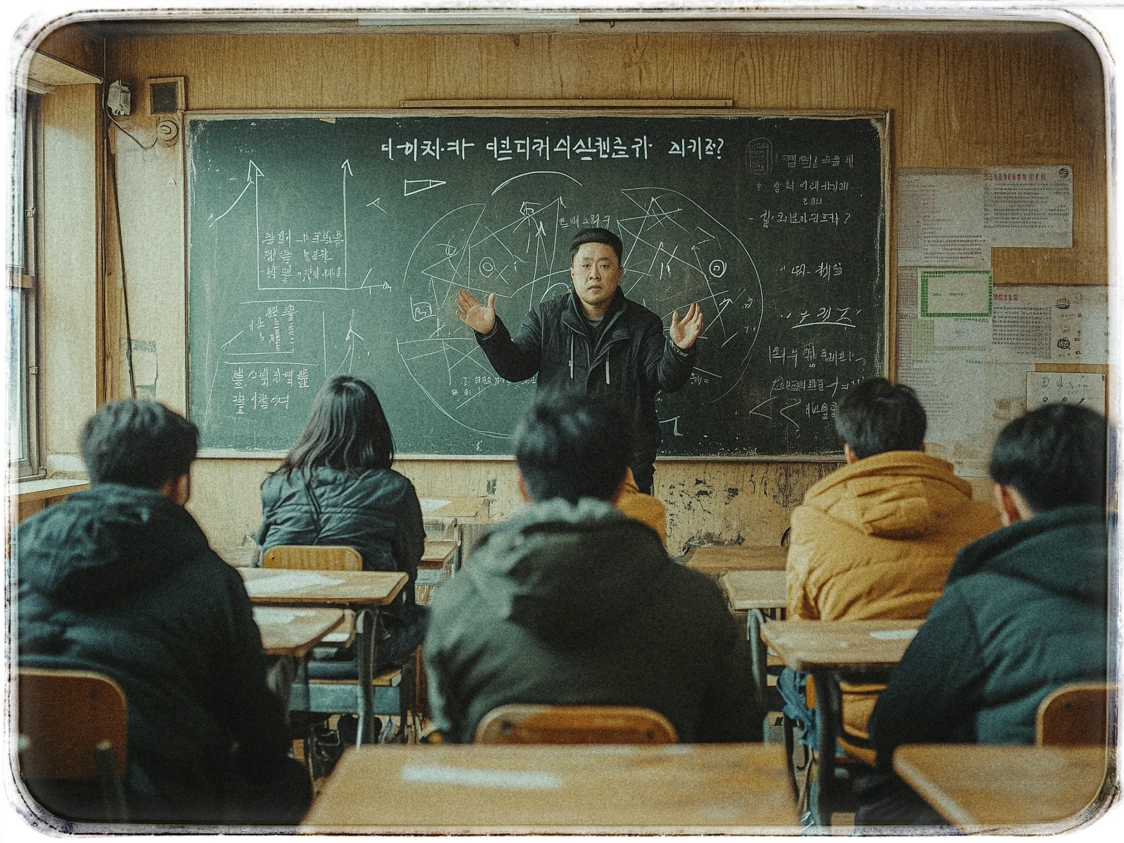 A classroom setting featuring a teacher at the front and five students sitting at desks facing him. The teacher is gesturing with both hands in front of a cluttered blackboard filled with chalk diagrams, equations, and Korean text. The students are wearing warm clothing, like jackets and hoodies, suggesting a chilly environment. The classroom walls have wooden paneling, and there are various papers and notices tacked up alongside the blackboard. Natural light streams in from a window on the left, casting a soft glow in the room.