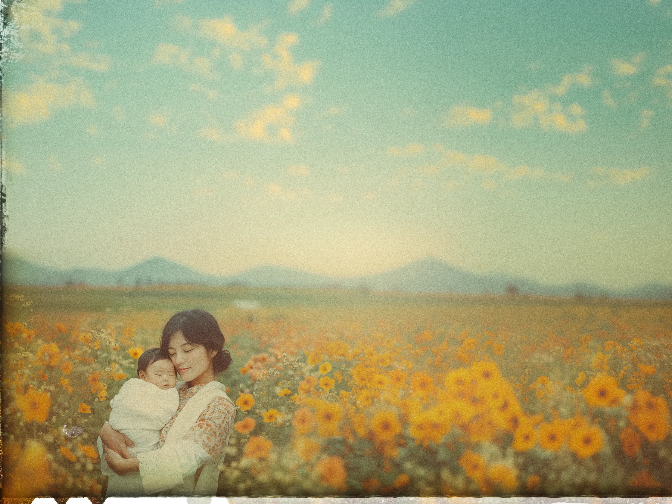 A woman stands in a field of vibrant yellow and orange flowers, holding a peacefully sleeping baby wrapped in a light blanket. She is wearing a white blouse with patterned details and smiling gently with closed eyes. The background features a vast field stretching to a horizon with soft, distant hills under a sky dotted with fluffy clouds. The image has a vintage, slightly grainy texture, enhancing the serene, nostalgic atmosphere.