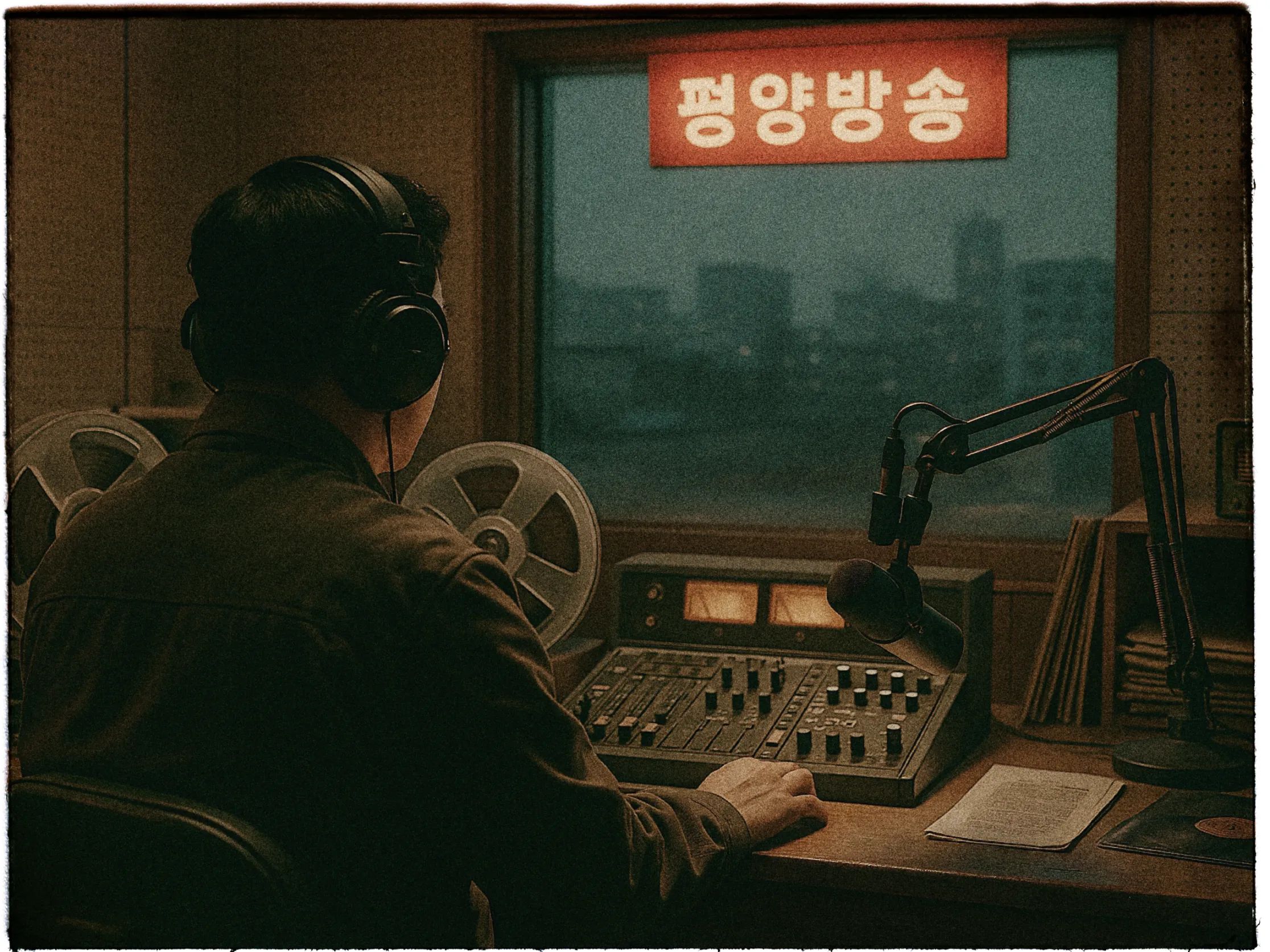 A dimly lit radio station studio features a person sitting at a wooden desk, wearing headphones and facing away. They are operating a vintage audio mixing console with two large reel-to-reel tape machines. A large microphone is positioned on a stand to the right. On the wall in front, above the window showing a blurry cityscape, is a red sign with white Korean text. The setting conveys a retro, possibly mid-20th-century aesthetic.