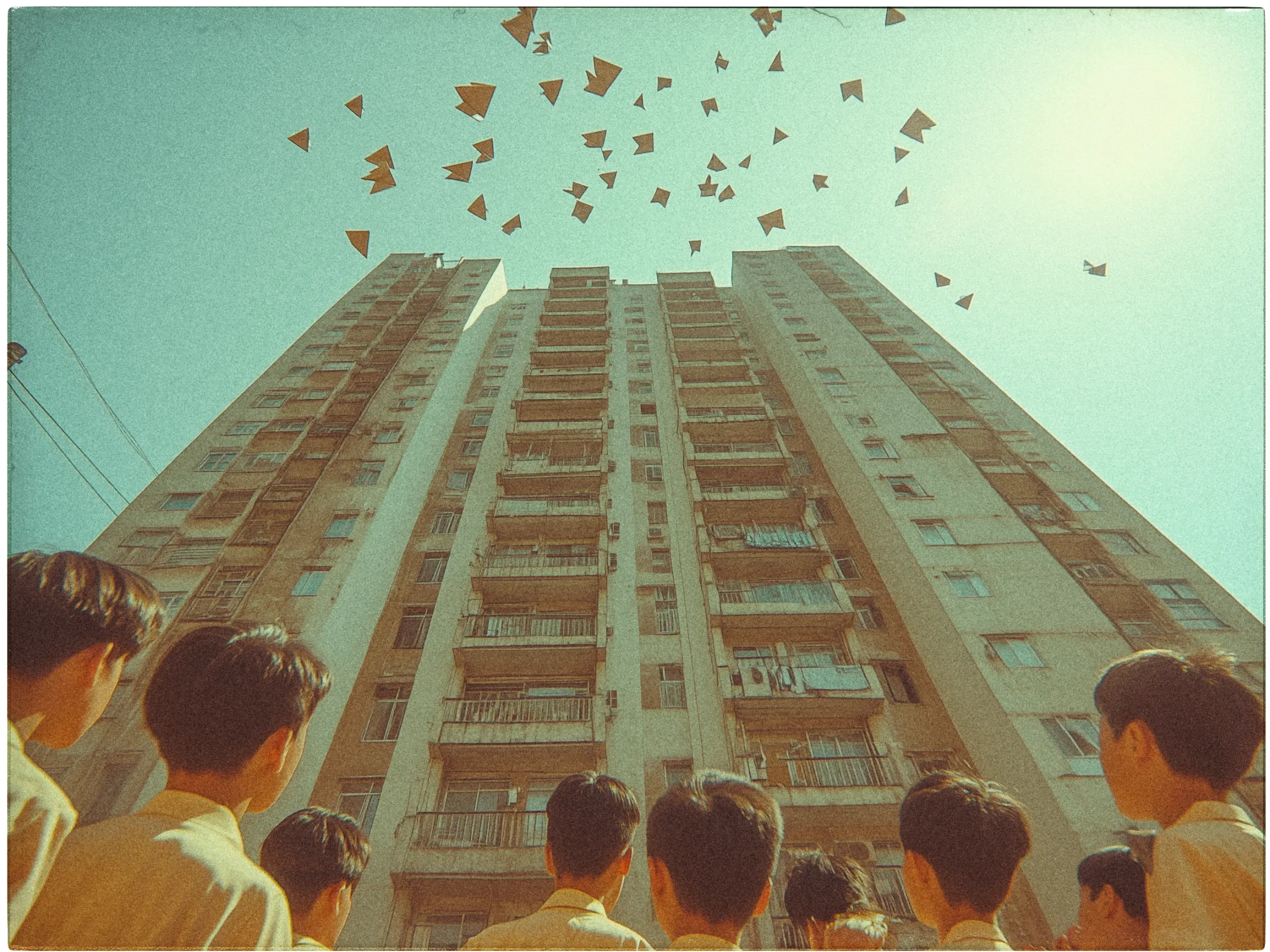 A group of young people stands at the bottom foreground of the image, looking up at a tall, worn apartment building. The building, with visible balconies and windows, towers into the sky. Above, numerous paper planes are captured mid-flight, set against a clear blue sky with the sun casting a warm glow. The image has a vintage, sepia-toned effect, adding a nostalgic atmosphere to the scene.