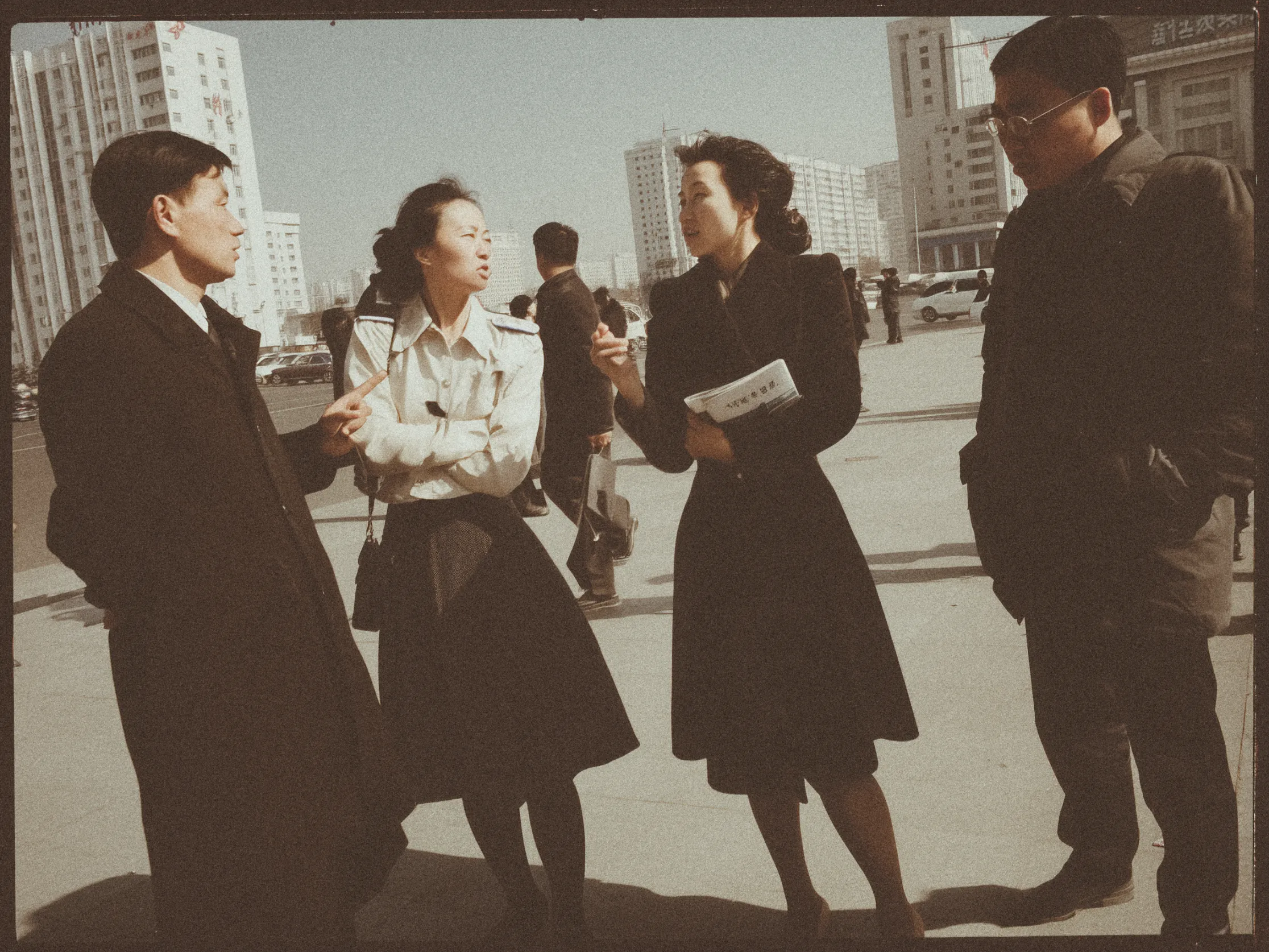 A sepia-toned image depicts four individuals standing together in conversation on an urban street. Two women and two men are dressed in formal attire, with one woman holding a newspaper. The backdrop shows mid-century-style buildings and a few parked cars. The group appears engaged in animated discussion, and the scene is lit by natural daytime light, casting soft shadows on the pavement. The setting conveys a sense of a bygone era, enhanced by the vintage color tone of the photograph.
