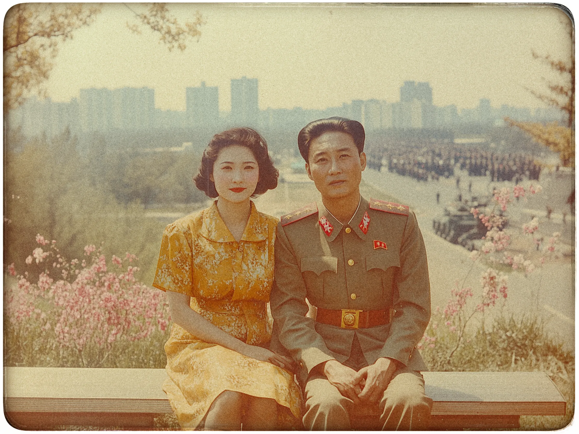 A man and woman sit on a bench outdoors, with the woman wearing a yellow floral dress and the man dressed in a military uniform adorned with red epaulettes and a badge. Both are looking at the camera with neutral expressions. Pink flowers and tree branches frame the foreground, while a cityscape blurred in the background shows tall buildings and what appears to be a military parade on the right. The image has a vintage, sepia-toned effect, giving it an aged appearance.