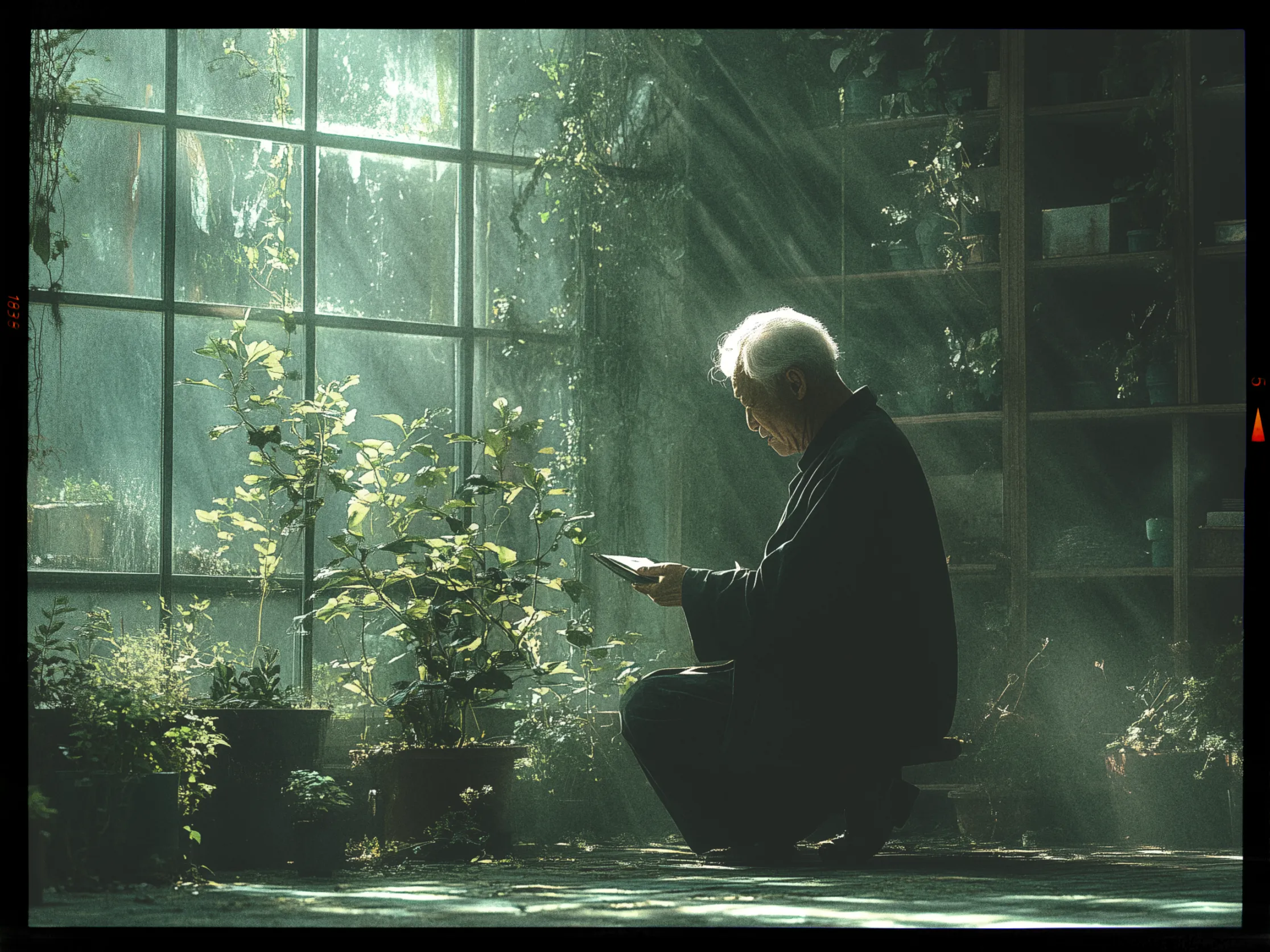 An elderly person with white hair is seated indoors, immersed in reading from a tablet. They are surrounded by lush green plants in pots, positioned next to a large window with multiple panes. Sunlight streams through the window, casting soft, ethereal rays and illuminating the scene with a gentle, natural light. Shelves with additional plants and objects are visible in the background, creating a serene and contemplative atmosphere.