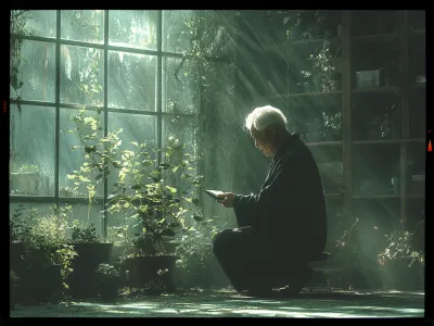 An elderly person with white hair is seated indoors, immersed in reading from a tablet. They are surrounded by lush green plants in pots, positioned next to a large window with multiple panes. Sunlight streams through the window, casting soft, ethereal rays and illuminating the scene with a gentle, natural light. Shelves with additional plants and objects are visible in the background, creating a serene and contemplative atmosphere.