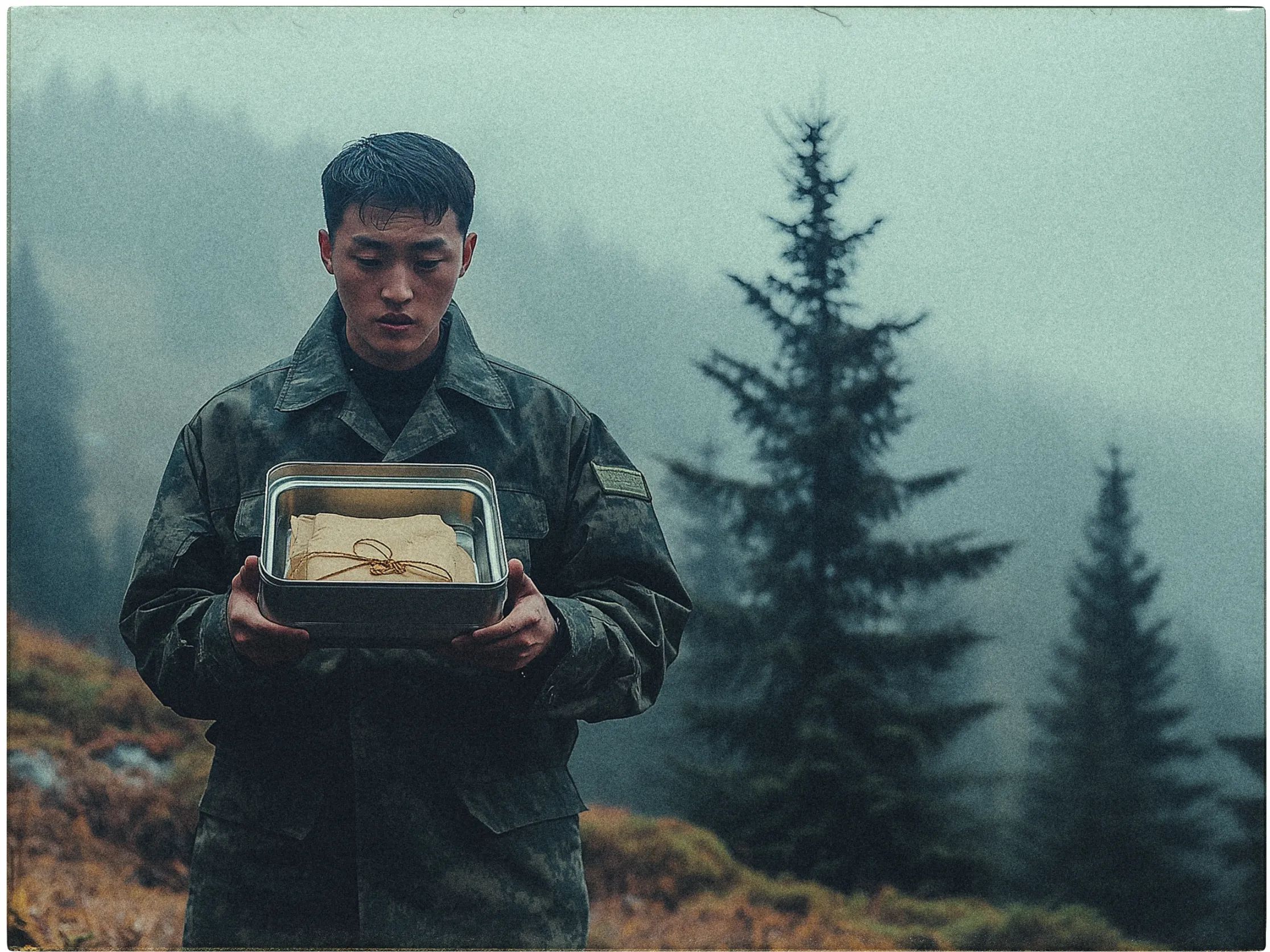 A person in a military-style jacket stands outdoors in a misty forest. They are holding a rectangular metal container with a wrapped item inside, tied with string. In the background, evergreen trees are partially obscured by fog, creating a moody, serene atmosphere. The person's expression is contemplative as they focus on the container. The ground is covered in grass and patches of moss.
