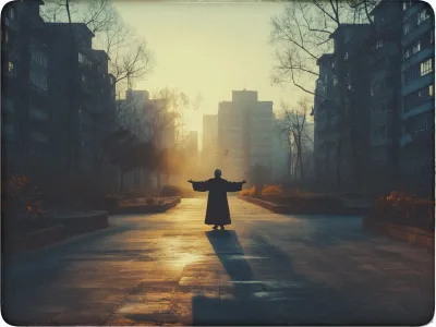 A person stands in the center of a wide, empty street at sunrise or sunset, arms outstretched. The scene is framed by tall buildings and leafless trees on either side. The light creates a dramatic silhouette effect, casting long shadows on the pavement and illuminating the mist in the distance, giving the scene an ethereal, tranquil atmosphere. The overall tone is warm with a soft gradient from golden to cool hues.