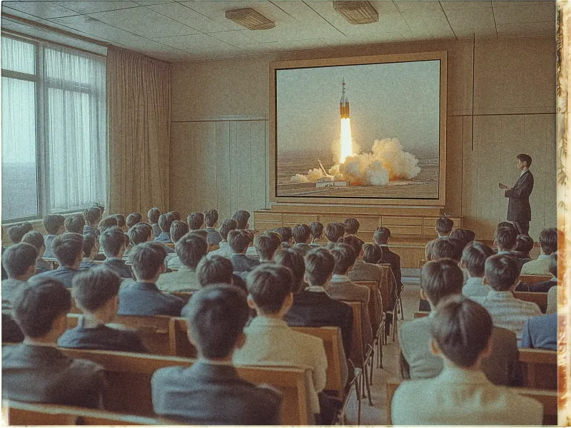 A vintage-style photograph depicts a room filled with rows of seated individuals all facing a large screen displaying a rocket launch. The room has a mid-20th-century appearance with wooden paneling and a large window adorned with curtains on the left wall. The audience, dressed in suits, watches attentively. A man stands to the right of the screen, appearing to give a presentation about the rocket launch. The overall color palette is warm with a slightly faded look, enhancing the retro ambiance.
