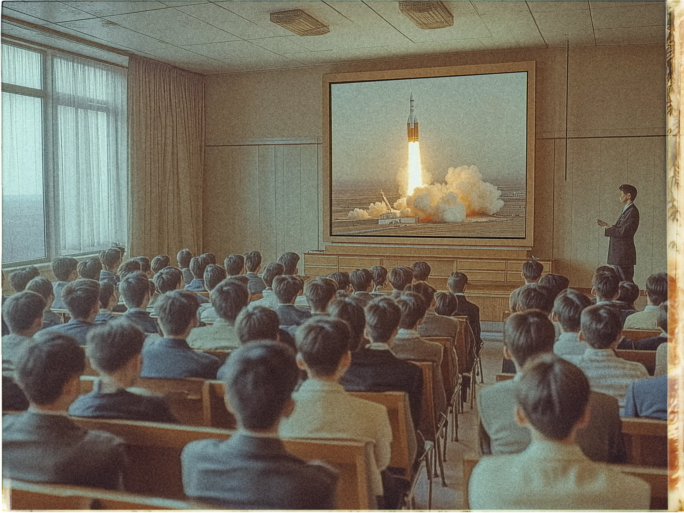 A vintage-style photograph depicts a room filled with rows of seated individuals all facing a large screen displaying a rocket launch. The room has a mid-20th-century appearance with wooden paneling and a large window adorned with curtains on the left wall. The audience, dressed in suits, watches attentively. A man stands to the right of the screen, appearing to give a presentation about the rocket launch. The overall color palette is warm with a slightly faded look, enhancing the retro ambiance.