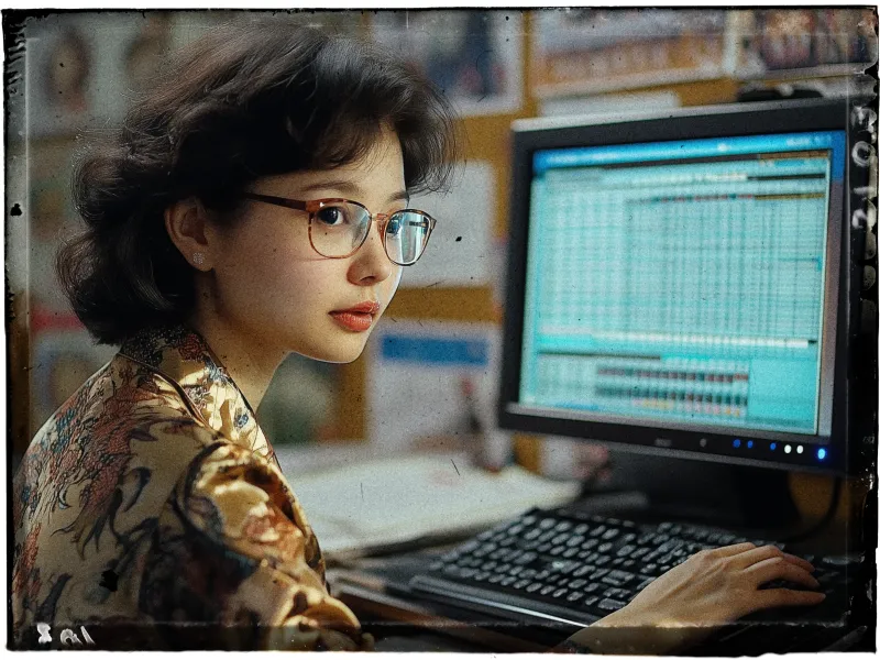 A person with medium-length dark hair and glasses is sitting at a desk, gazing at a computer screen displaying a spreadsheet. The individual is wearing a patterned, satin-like shirt with earthy tones. Their hand rests on a keyboard, suggesting they are working or engaged in a task. The setting appears to be an office with a cluttered background, including bulletin boards filled with various papers and images. The image has a vintage, film-like quality with visible grain and a slightly faded appearance.