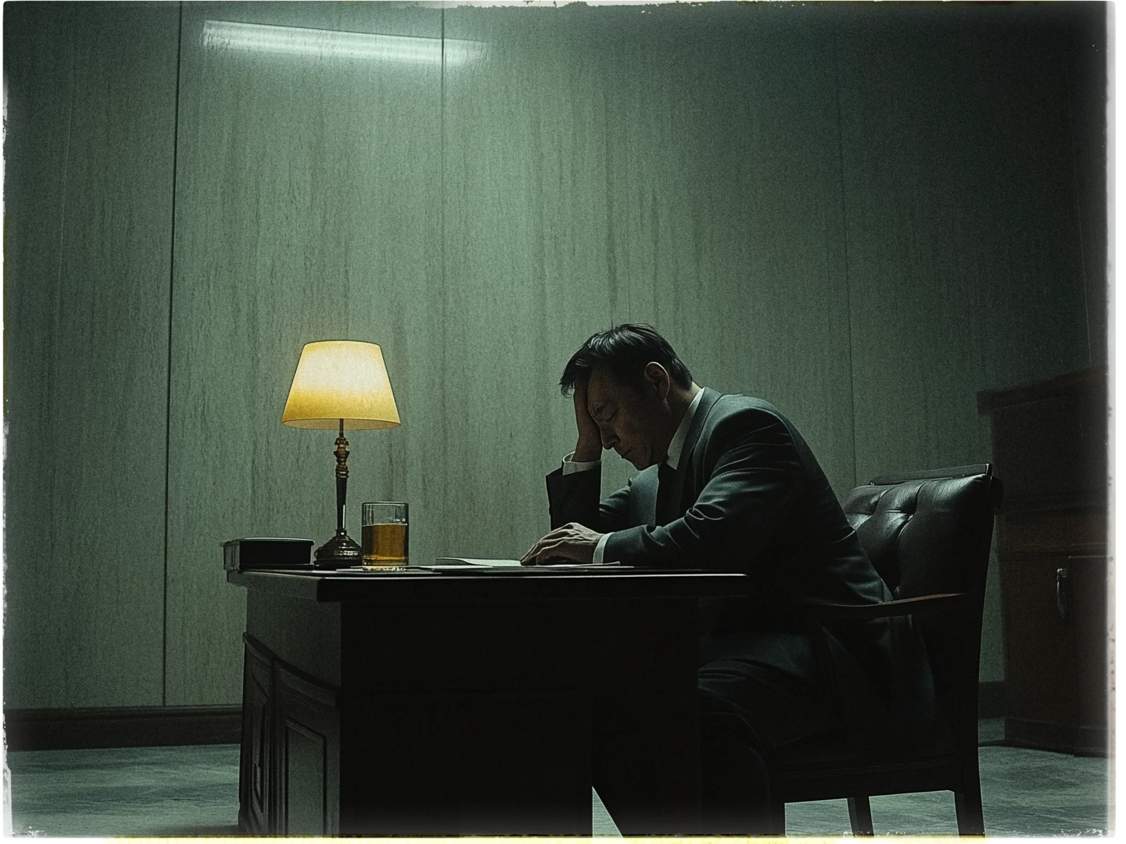 A man in a suit sits at a wooden desk in a dimly lit office. He is leaning forward, resting his head in one hand, appearing deep in thought or stressed. The desk features a lit table lamp casting a warm glow, a glass containing an amber-colored liquid, and some papers scattered in front of him. The background is a plain, light-colored wall, adding to the somber and introspective atmosphere of the scene.