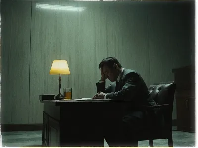 A man in a suit sits at a wooden desk in a dimly lit office. He is leaning forward, resting his head in one hand, appearing deep in thought or stressed. The desk features a lit table lamp casting a warm glow, a glass containing an amber-colored liquid, and some papers scattered in front of him. The background is a plain, light-colored wall, adding to the somber and introspective atmosphere of the scene.